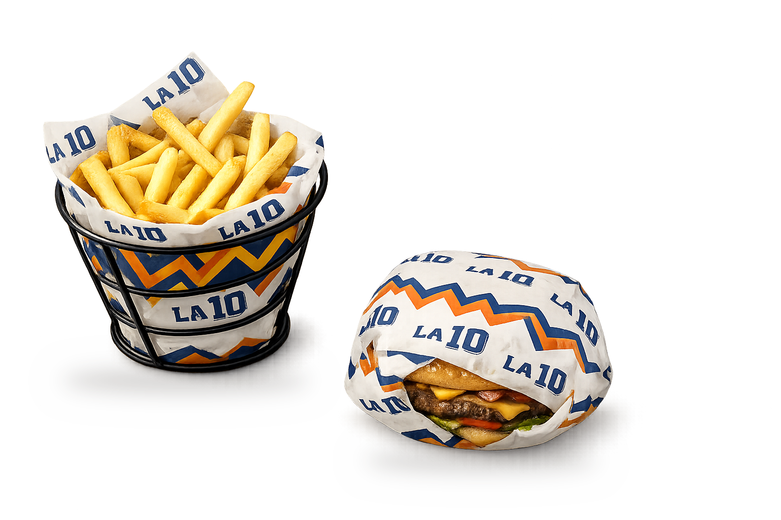 Papel antigrasa personalizado LA 10 en uso — cesta de patatas y burger envuelta